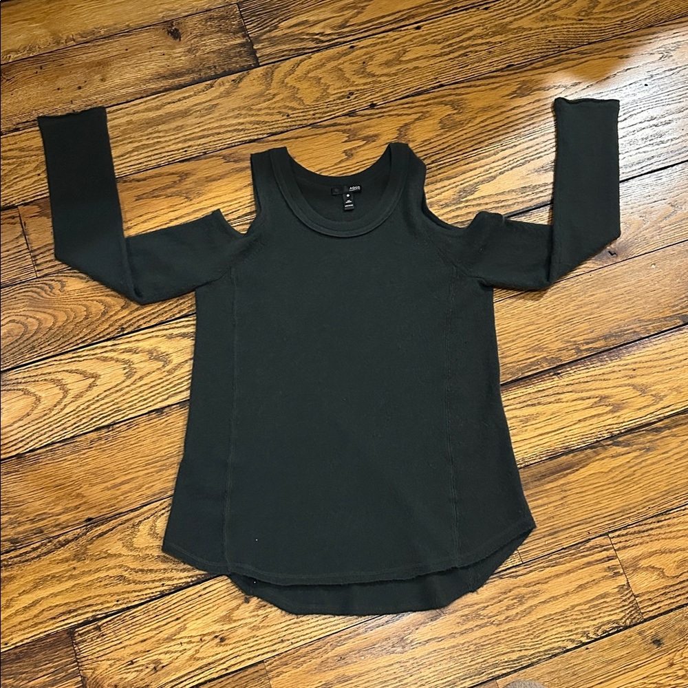 AQUA BEAUTIFUL DARK GREEN CASHMERE COLD SHOULDER WOMEN'S SWEATER SIZE SMALL